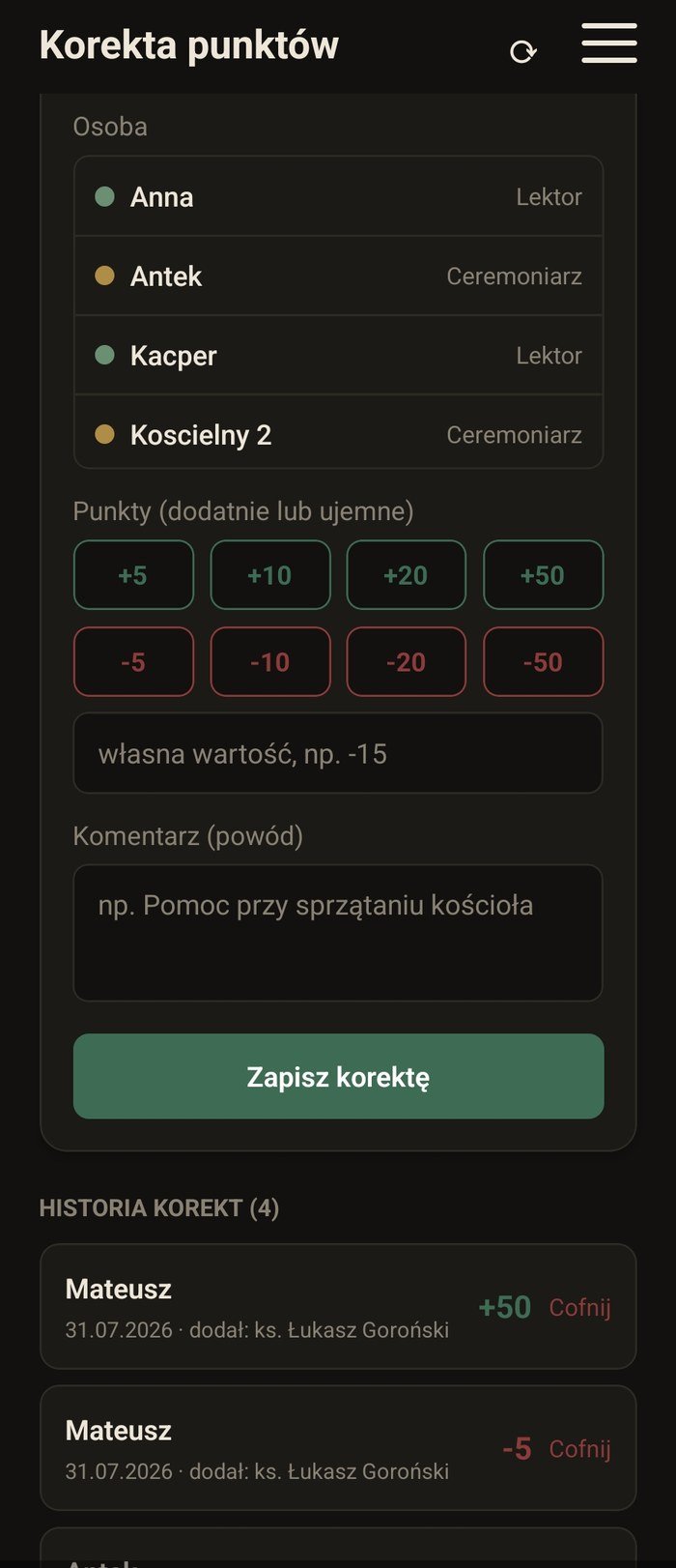 Korekta punktów